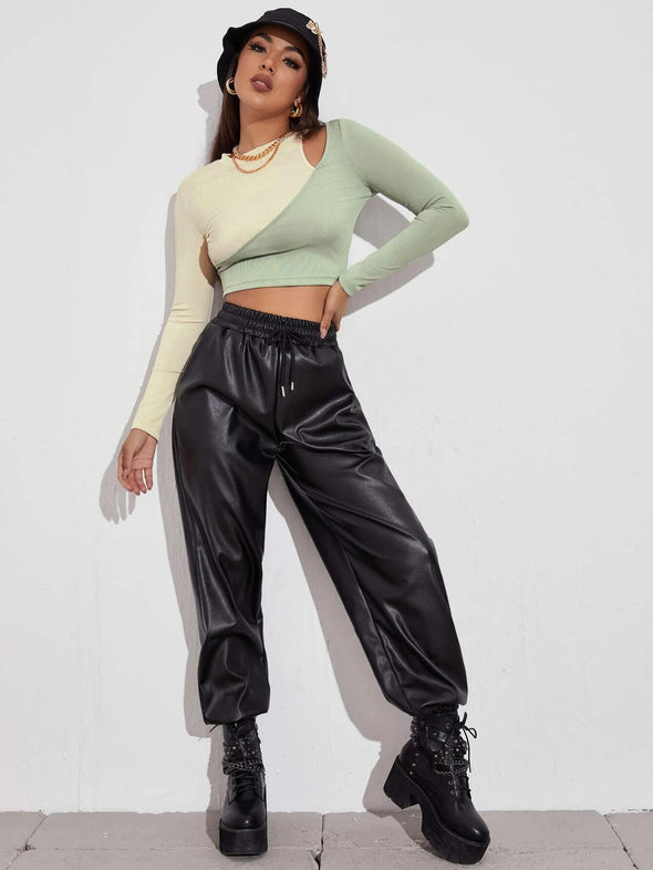 New Sexy Hit Color Strapless T-Shirt Stitching Slim Top Women Bottoming Long-Sleeved T-Shirt