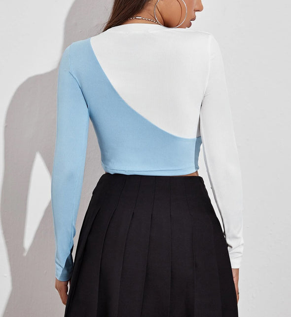 New Sexy Hit Color Strapless T-Shirt Stitching Slim Top Women Bottoming Long-Sleeved T-Shirt