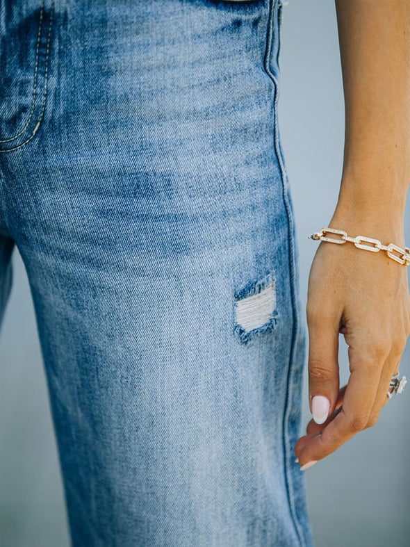 Thin Denim Wide-Leg Pants With Holes