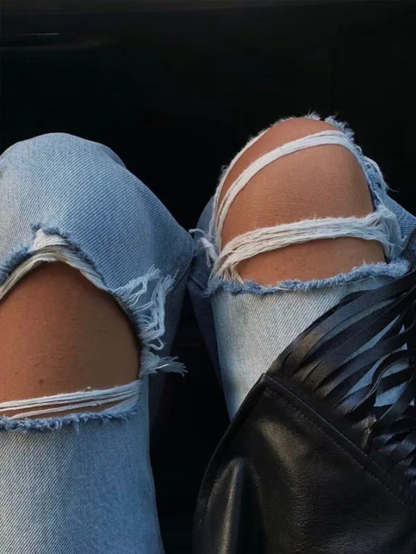 High Waist Ripped Bootcut Denim Slim Straight-Leg Pants