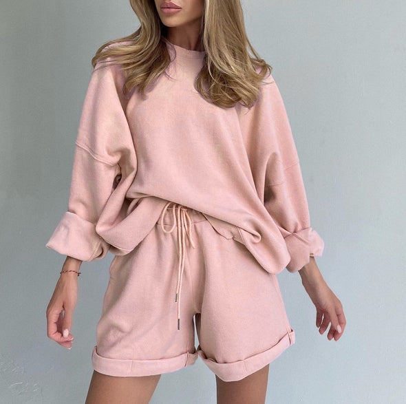 Two-Piece Suit Of Round Neck Top And Loose Shorts