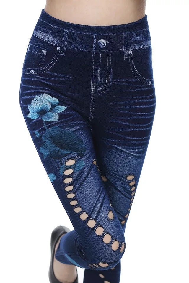 Seamless Faux Denim Cutout Leggings