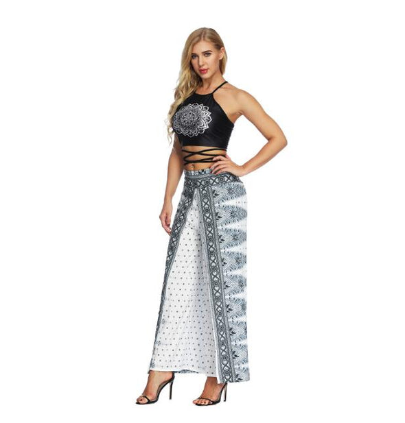 Women's Wide Leg Boho Yoga Harem Pants Comfy Gypsy Hippie Indian Thailand Bohemian Palazzo Pants Smocked Waist Aladdin Trousers