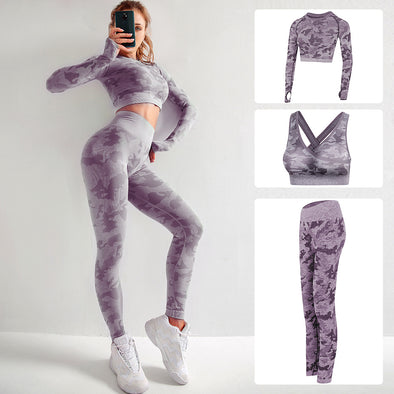 Three-piece camouflage yoga suit