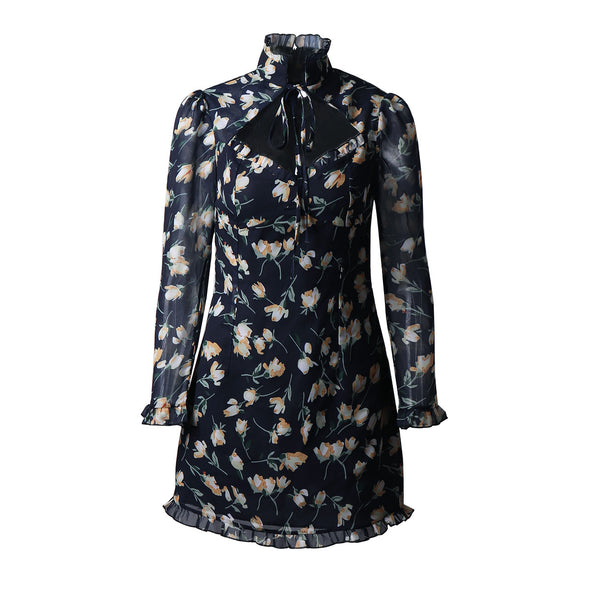 Autumn And Winter Women Floral Wood Ear High-Neck Tie Low-Cut Lace-Up Long-Sleeved Dress