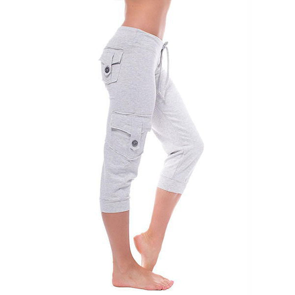 Yoga cropped pants with elastic waist button pockets