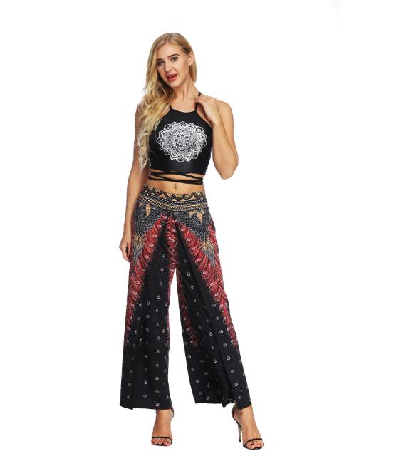 Women's Wide Leg Boho Yoga Harem Pants Comfy Gypsy Hippie Indian Thailand Bohemian Palazzo Pants Smocked Waist Aladdin Trousers