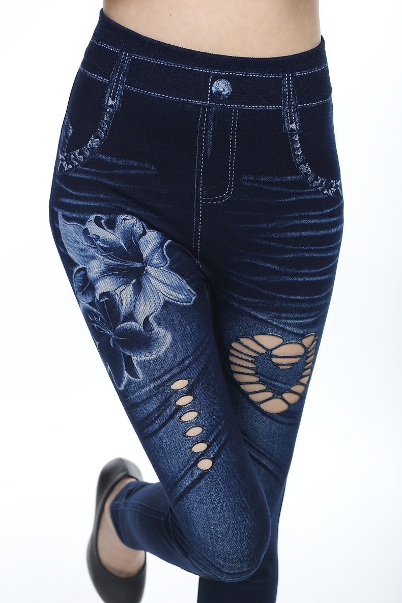 Seamless Faux Denim Cutout Leggings