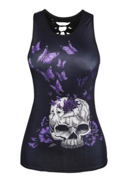 New Women Fitness Sporting Sleeveless Tank Top 3D Flower Skull