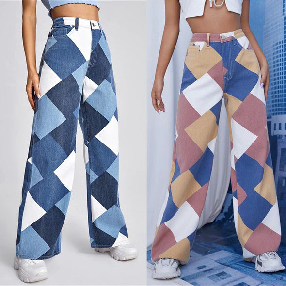 Printed Denim Trousers Women Plaid Pants Loose And Thin Wide-Leg Pants