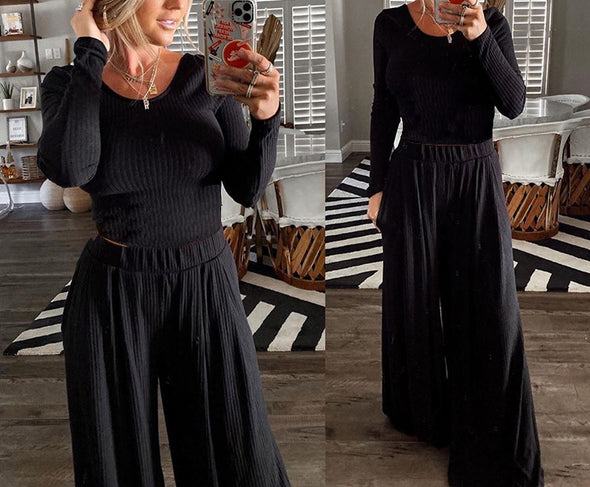 Round Neck Long Sleeve Two-Piece Slim Jumpsuit