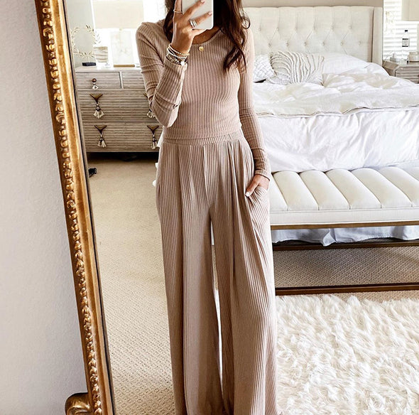 Round Neck Long Sleeve Two-Piece Slim Jumpsuit
