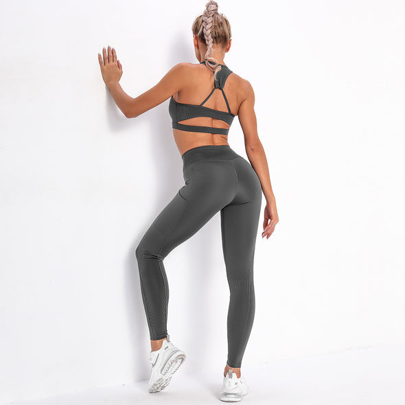 Women's Beauty Back Striped Pocket Yoga Set