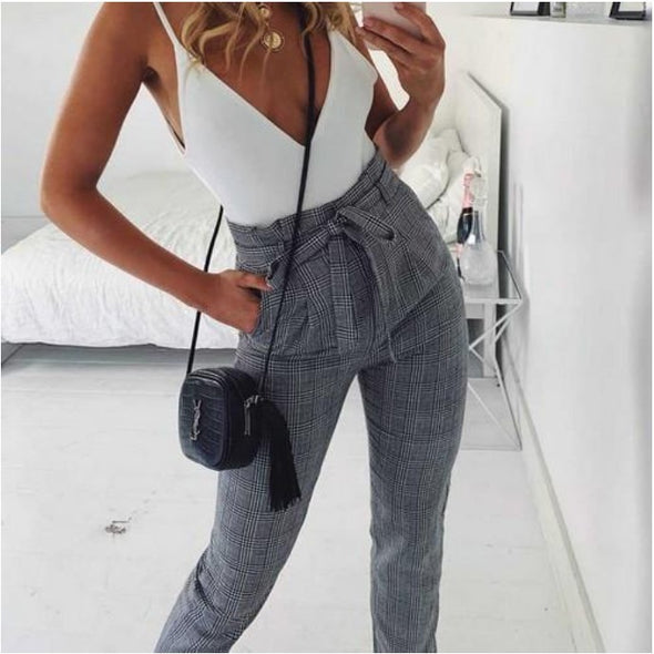Women's Casual Pencil Plaid Pants