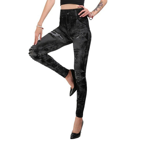 Women's Seamless Fake Ripped Imitation Denim Leggings