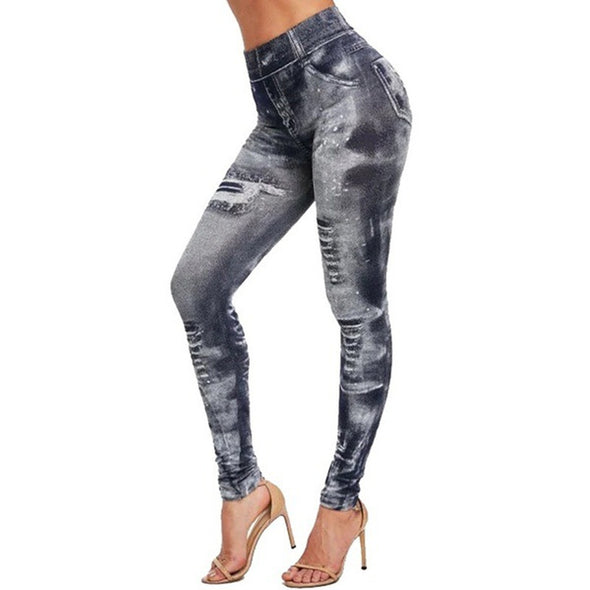 Women's Seamless Fake Ripped Imitation Denim Leggings