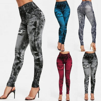 Women's Seamless Fake Ripped Imitation Denim Leggings