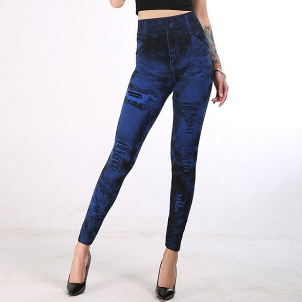 Women's Seamless Fake Ripped Imitation Denim Leggings