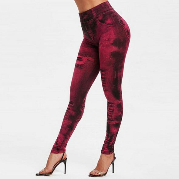 Women's Seamless Fake Ripped Imitation Denim Leggings