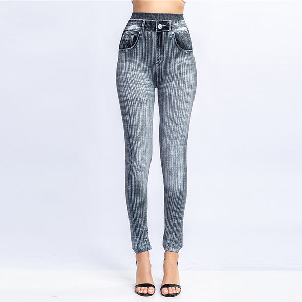 Vertical Stripes Imitation Denim Leggings
