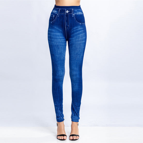 Vertical Stripes Imitation Denim Leggings
