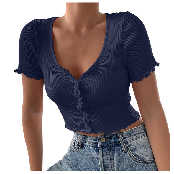 Women's Casual V Neck Ruffles Short Sleeve Crop Top
