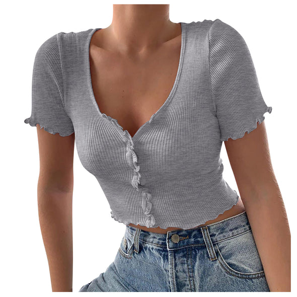 Women's Casual V Neck Ruffles Short Sleeve Crop Top