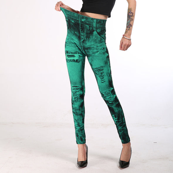 Women's Seamless Fake Ripped Imitation Denim Leggings