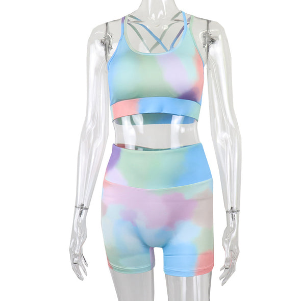 Printed Fitness Sports Sleeveless Vest Hip-Lifting Yoga Suit Shorts Suit