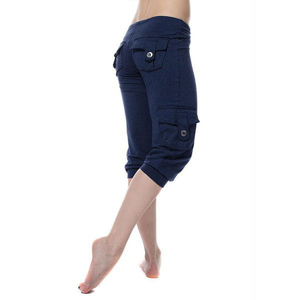 Yoga cropped pants with elastic waist button pockets