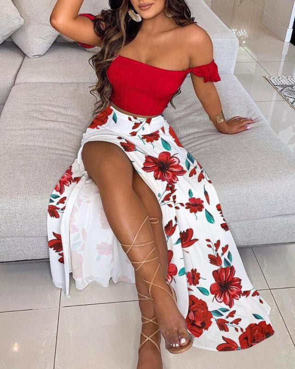 Fashion Sexy One-Neck Blouse Split Long Skirt Two-Piece Suit