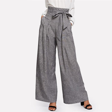 New Women's 2021 Grey High Waist Self Belted Box Pleated Palazzo Pants