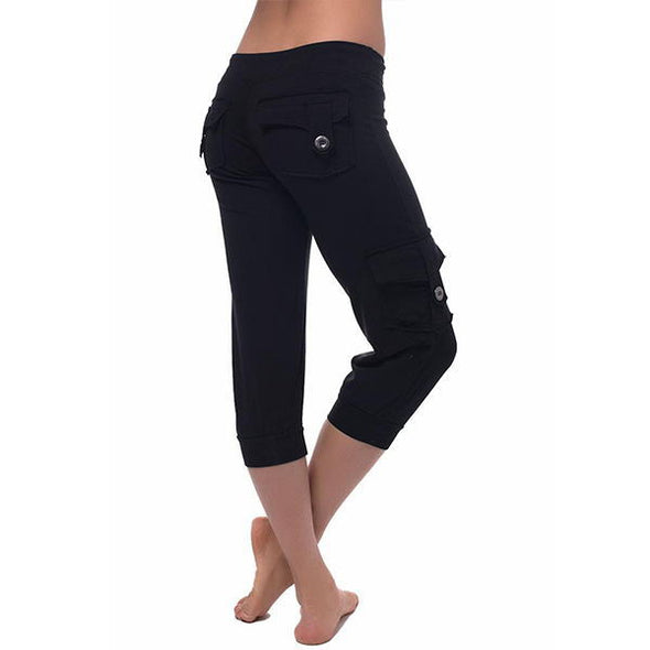 Yoga cropped pants with elastic waist button pockets