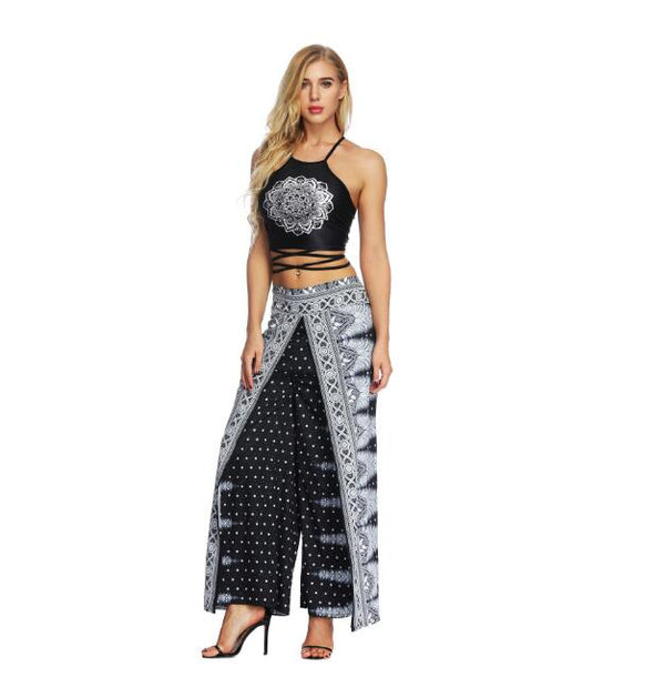 Women's Wide Leg Boho Yoga Harem Pants Comfy Gypsy Hippie Indian Thailand Bohemian Palazzo Pants Smocked Waist Aladdin Trousers