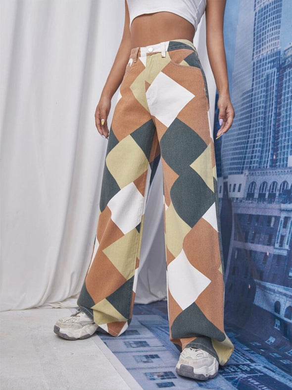 Printed Denim Trousers Women Plaid Pants Loose And Thin Wide-Leg Pants