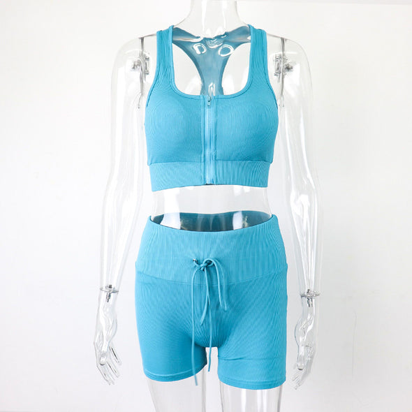 Fashion Casual Sleeveless Zipper Vest Drawstring Shorts Suit