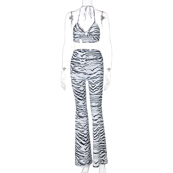 Printed Contrast Color Lace-Up Top Casual Wide-Leg Trousers Suit