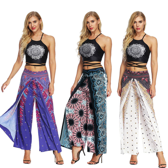 Women's Wide Leg Boho Yoga Harem Pants Comfy Gypsy Hippie Indian Thailand Bohemian Palazzo Pants Smocked Waist Aladdin Trousers