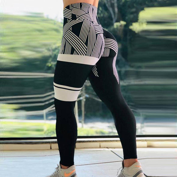 Digital printed striped four-way stretch yoga pants