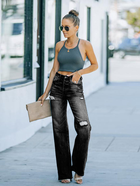 Thin Denim Wide-Leg Pants With Holes