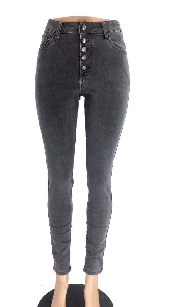 Multi-button chic high-rise skinny long jeans