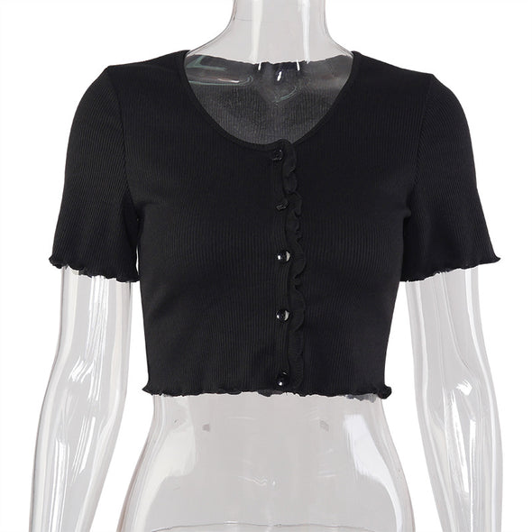Women's Casual V Neck Ruffles Short Sleeve Crop Top