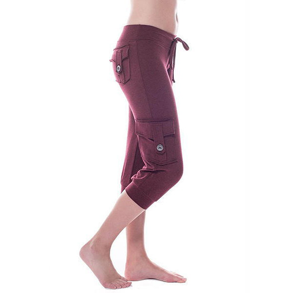 Yoga cropped pants with elastic waist button pockets