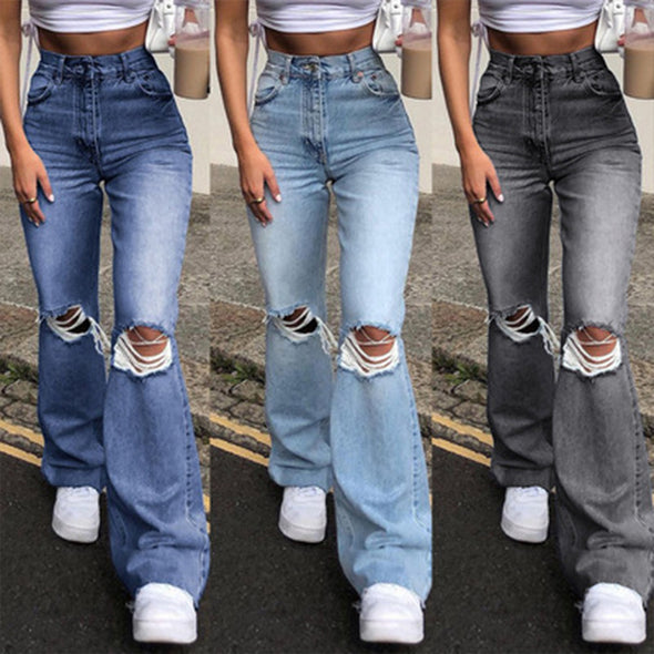 High Waist Ripped Bootcut Denim Slim Straight-Leg Pants