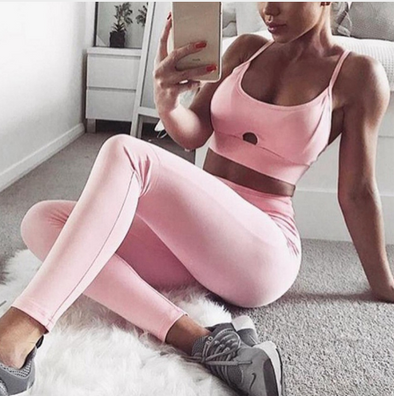 Yoga Set New Pink Solid Crop Top+Long Pant Athleisure Women Suit Gym Sports Bra+Legging Two Piece Set Sportswear