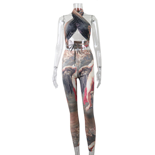 Printed Halter High Waist Hanging Neck Casual Sexy Sports Fashion Suit
