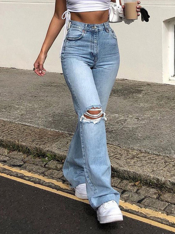 High Waist Ripped Bootcut Denim Slim Straight-Leg Pants