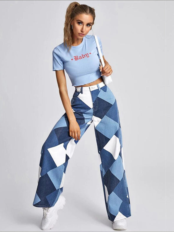 Printed Denim Trousers Women Plaid Pants Loose And Thin Wide-Leg Pants