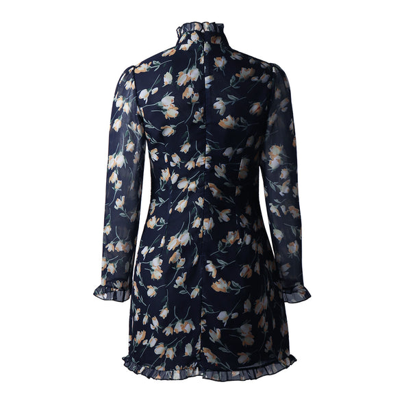 Autumn And Winter Women Floral Wood Ear High-Neck Tie Low-Cut Lace-Up Long-Sleeved Dress
