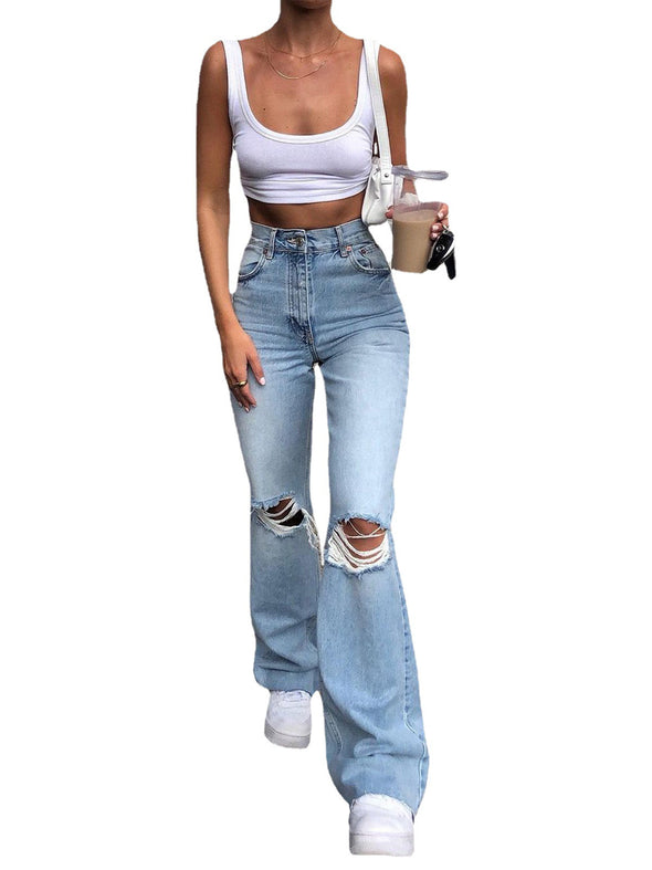 High Waist Ripped Bootcut Denim Slim Straight-Leg Pants